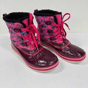 Sorel Pink Floral Duck Boots Size 6 Lace Up Waterproof Lined